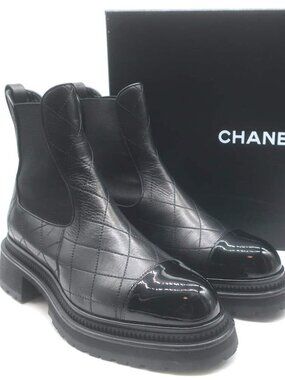 Chanel 26C Patent Cap Toe Quilted Leather Chelsea Boots Black Size 41